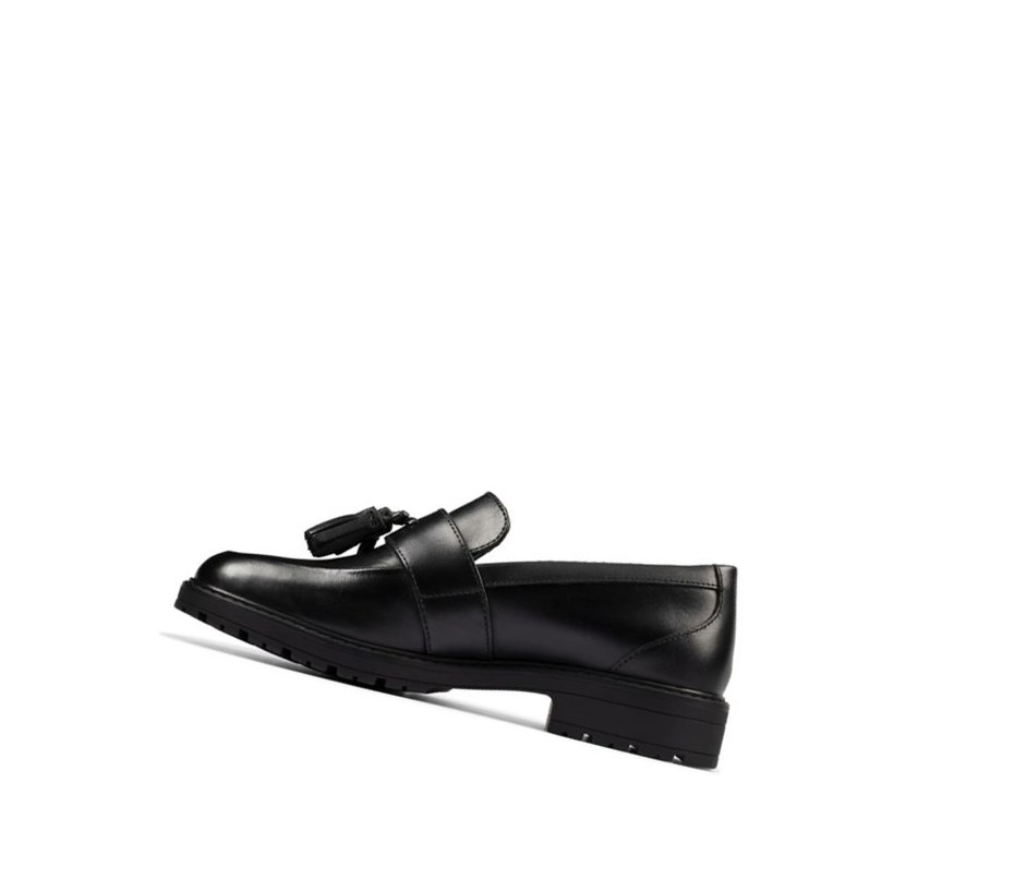 Buty Slip On Clarks Loxham Skórzane Dziewczynka Czarne | ILKMTW547