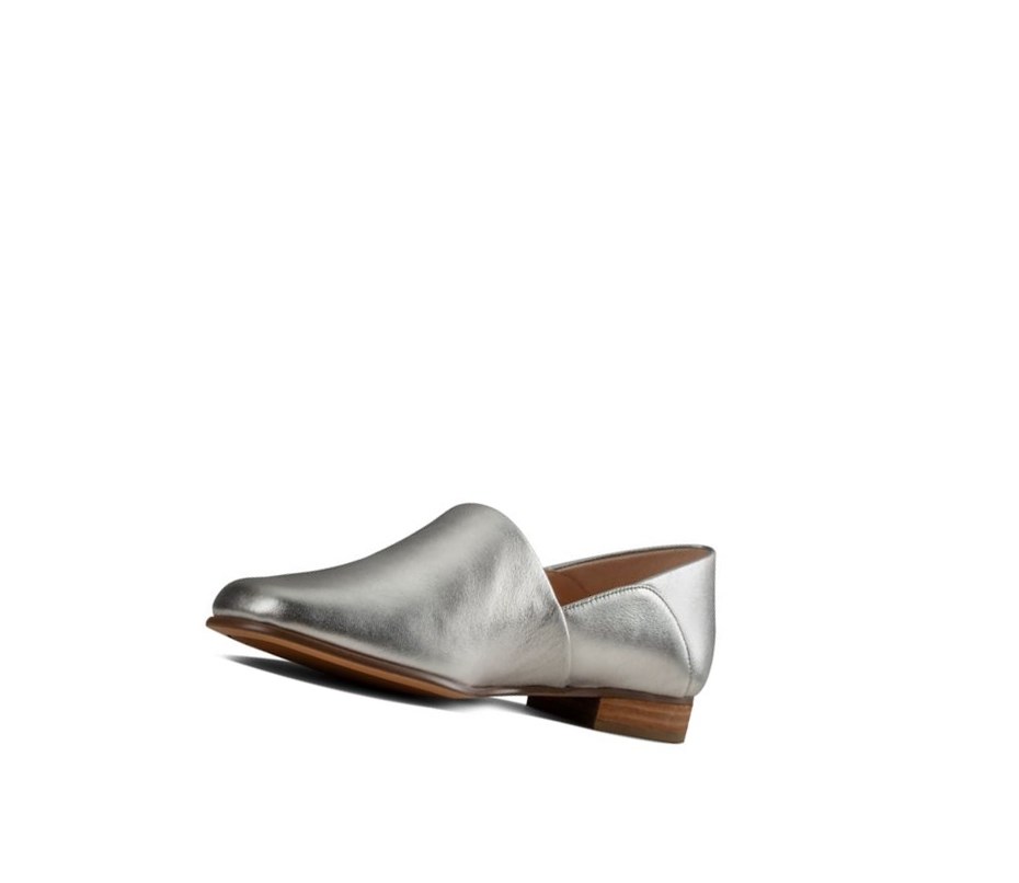 Buty Slip On Clarks Pure Tone Skórzane Szerokie Fit Damskie Srebrne Metal | KRBUGX809