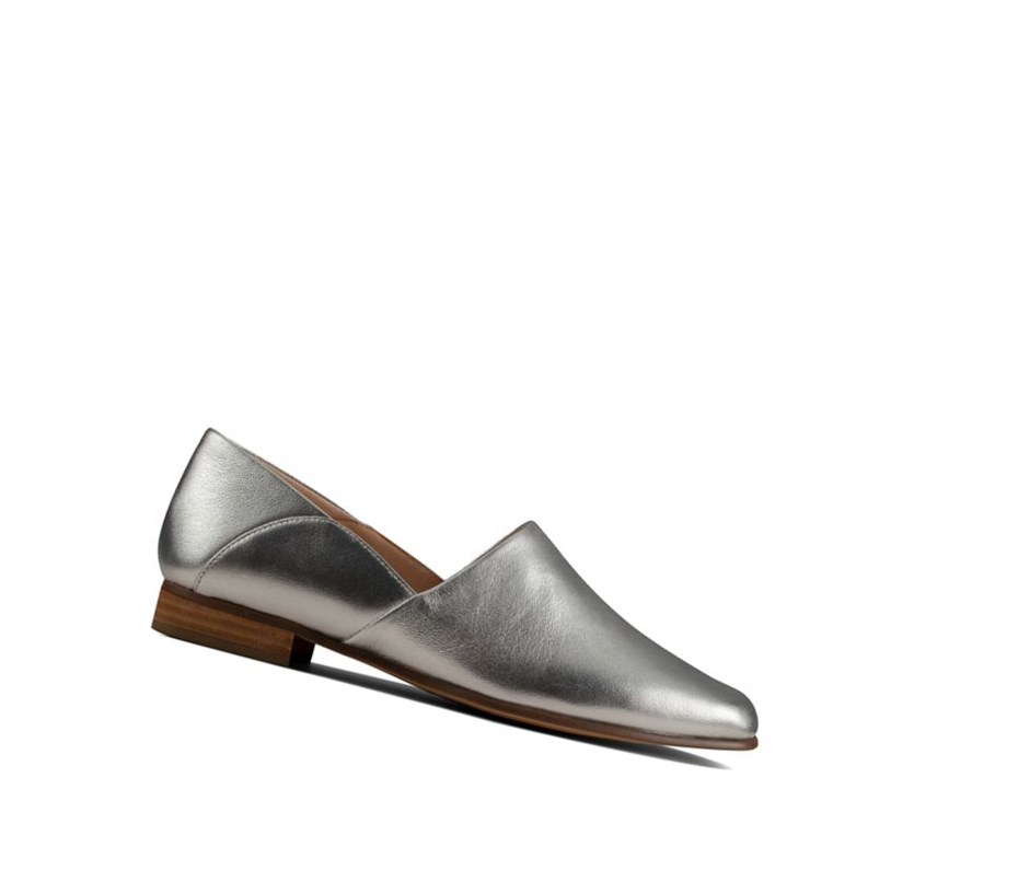 Buty Slip On Clarks Pure Tone Skórzane Szerokie Fit Damskie Srebrne Metal | KRBUGX809