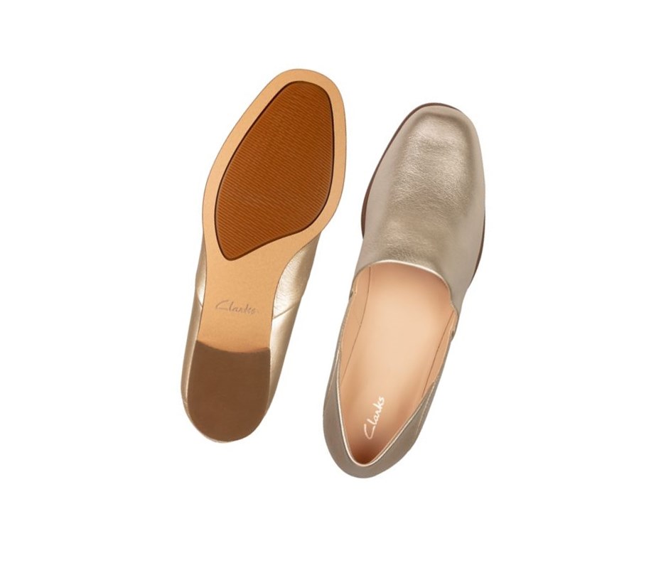 Buty Slip On Clarks Pure Tone Skórzane Szerokie Fit Damskie Złote Metal | MGNFSD370