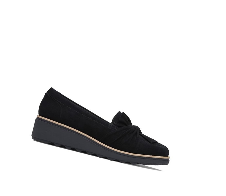 Buty Slip On Clarks Sharon Dasher Zamszowe Szerokie Fit Damskie Czarne | SNOYFT310