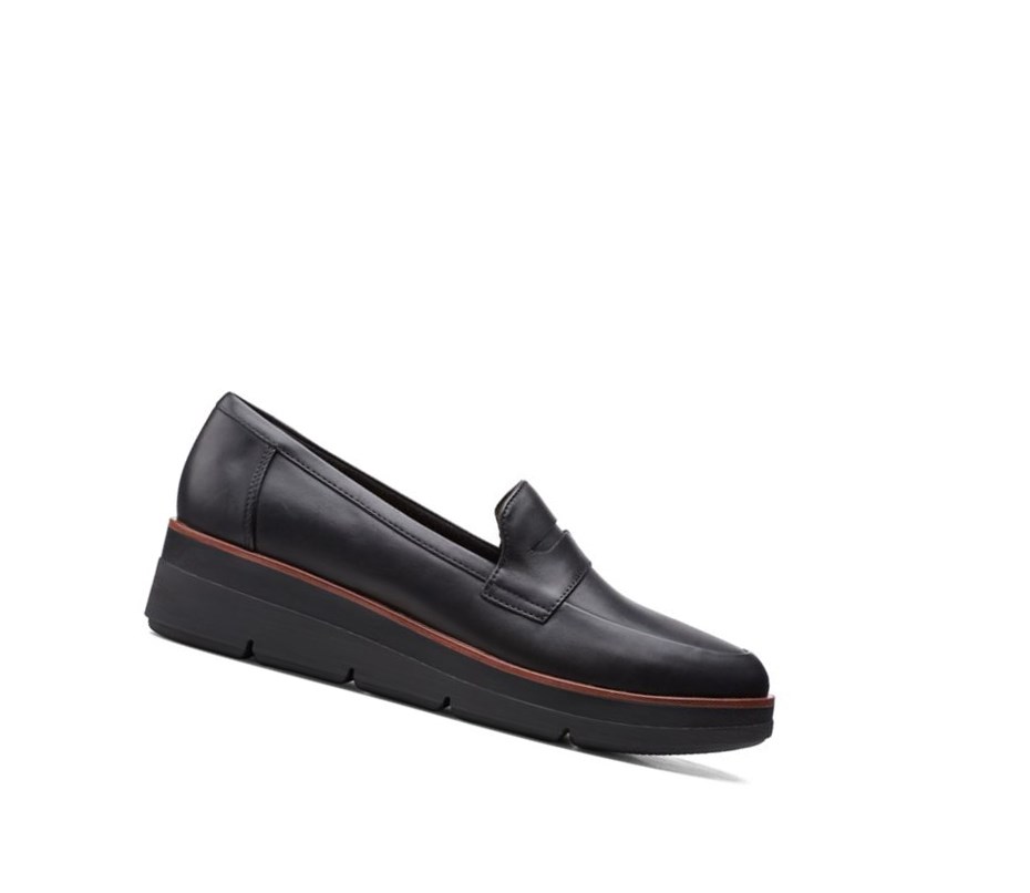 Buty Slip On Clarks Shaylin Step Skórzane Szerokie Fit Damskie Czarne | BPDCVX638