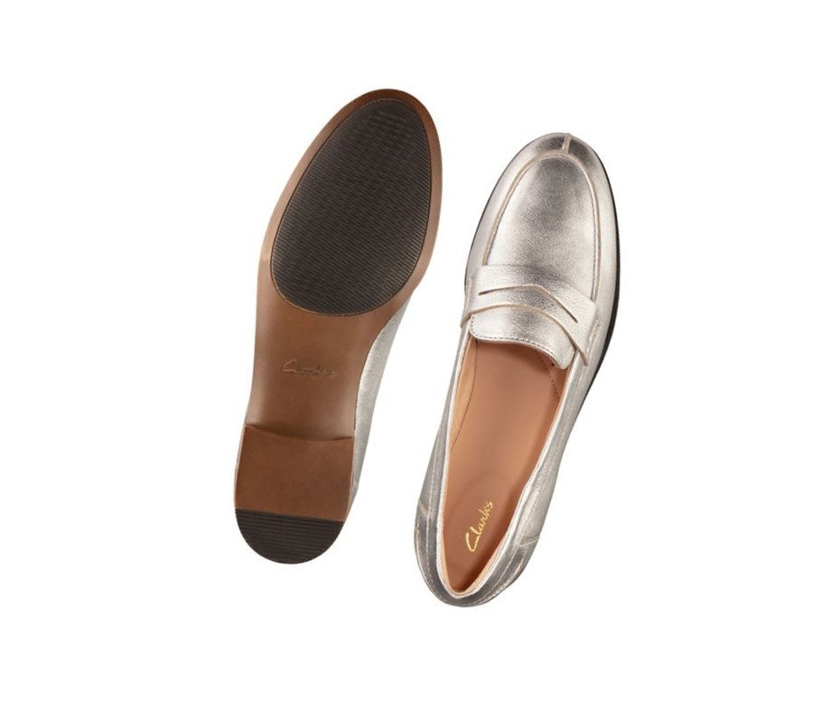 Loafersy Clarks Hamble Skórzane Damskie Srebrne Metal | XCDVKU751