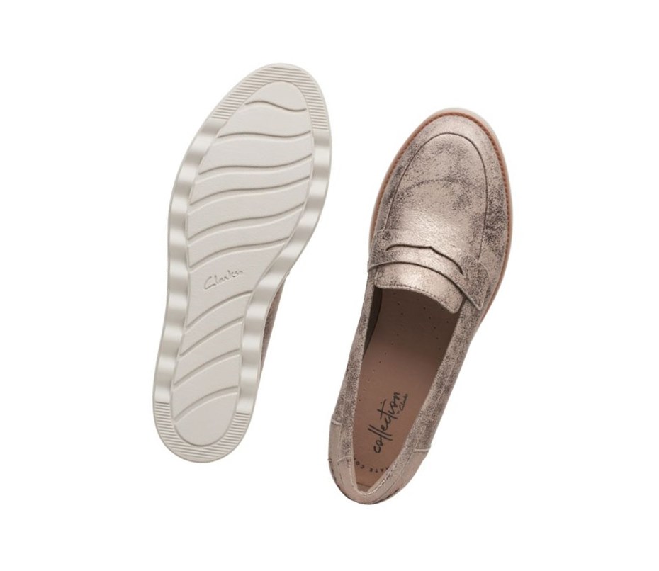 Loafersy Clarks Sharon Ranch Zamszowe Damskie Srebrne Metal | KODUWS398