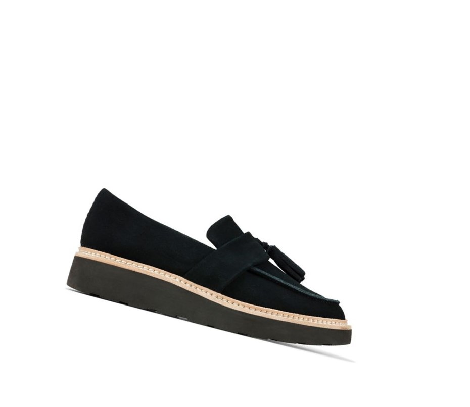 Loafersy Clarks Trace Tassel Zamszowe Damskie Czarne | NRZLOH728