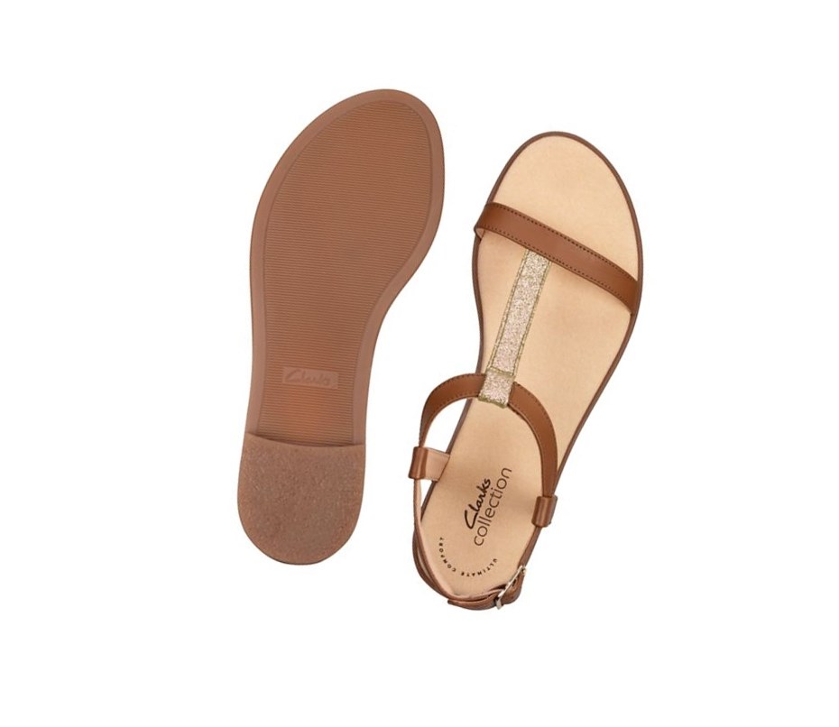 Sandały Płaskie Clarks Bay Rosa T-bar Tekstylne Damskie Brązowe | OFCVZT593