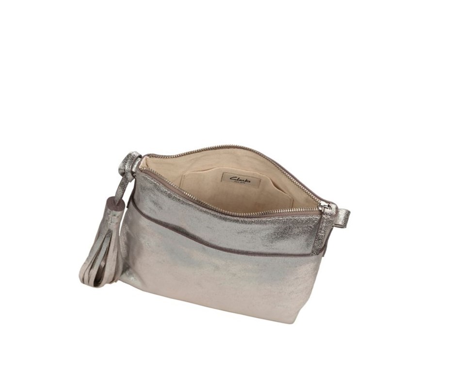 Torba Crossbody Clarks Topsham Shine Skórzane Damskie Srebrne | KTAPDZ506